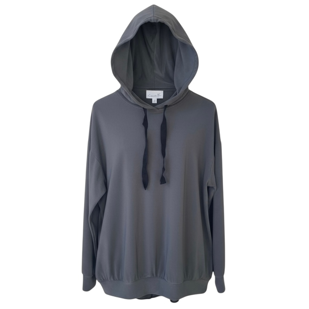 Compli K Soft Grey Hooded Sheer Back Long Sleeve Blouse Shirt Top Pullover SMALL